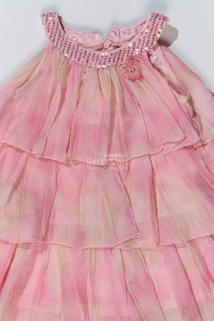 The Nesavu Girls Fancy Frock Graceful Pink Long Frock for Girls with Ruffled Layers and Sequin Embellishments Nesavu Graceful Pink Long Frock Girls Ruffled Layers Sequin Embellishments | The Nesavu