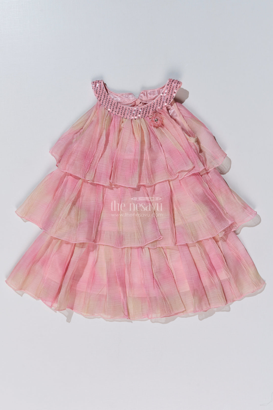 The Nesavu Girls Fancy Frock Graceful Pink Long Frock for Girls with Ruffled Layers and Sequin Embellishments Nesavu Graceful Pink Long Frock Girls Ruffled Layers Sequin Embellishments | The Nesavu