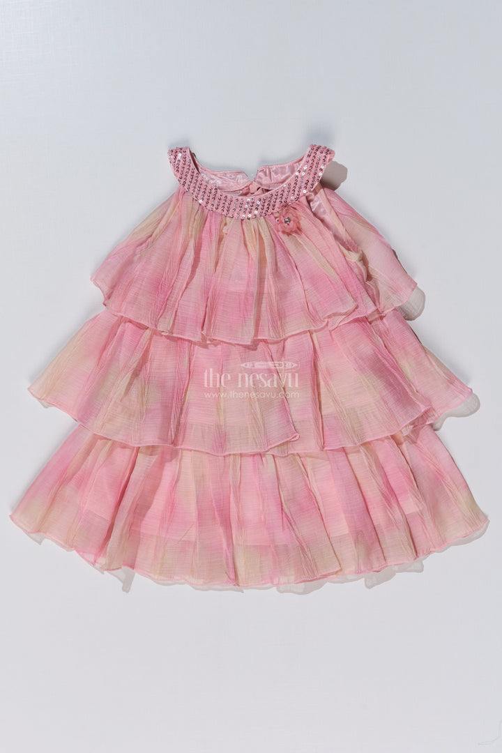 The Nesavu Girls Fancy Frock Graceful Pink Long Frock for Girls with Ruffled Layers and Sequin Embellishments Nesavu Graceful Pink Long Frock Girls Ruffled Layers Sequin Embellishments | The Nesavu