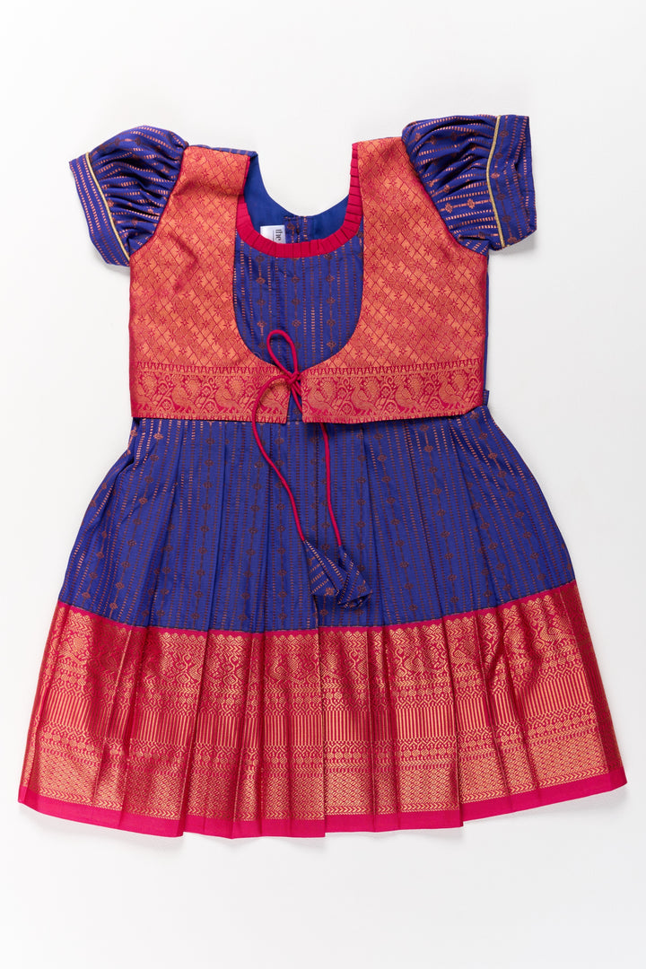 The Nesavu Silk Frock Graceful Purple and Pink Pattu Saree Frock for Girls with Zari Borders and Tie-Up Back Nesavu 20 (3Y) / Purple / Style 2 SF822CB-20 Graceful Purple Pink Pattu Saree Frock Girls Zari Borders Tie-Up Back | The Nesavu