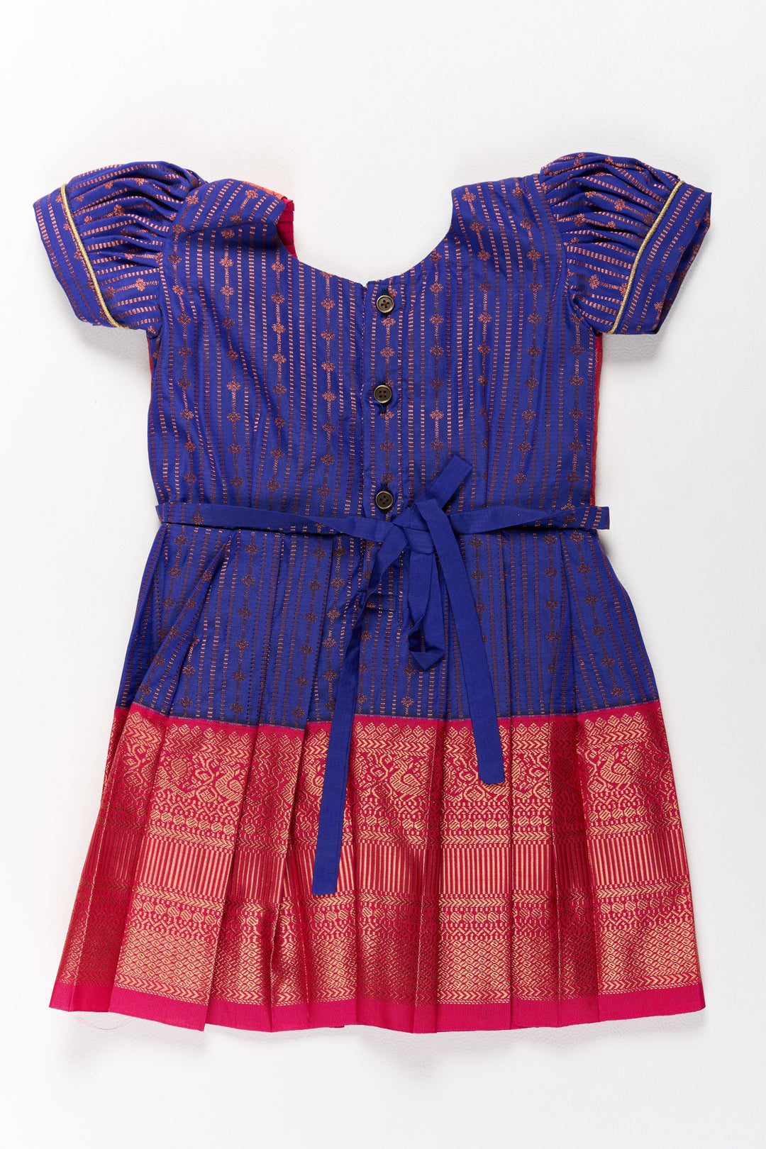 The Nesavu Silk Frock Graceful Purple and Pink Pattu Saree Frock for Girls with Zari Borders and Tie-Up Back Nesavu Graceful Purple Pink Pattu Saree Frock Girls Zari Borders Tie-Up Back | The Nesavu