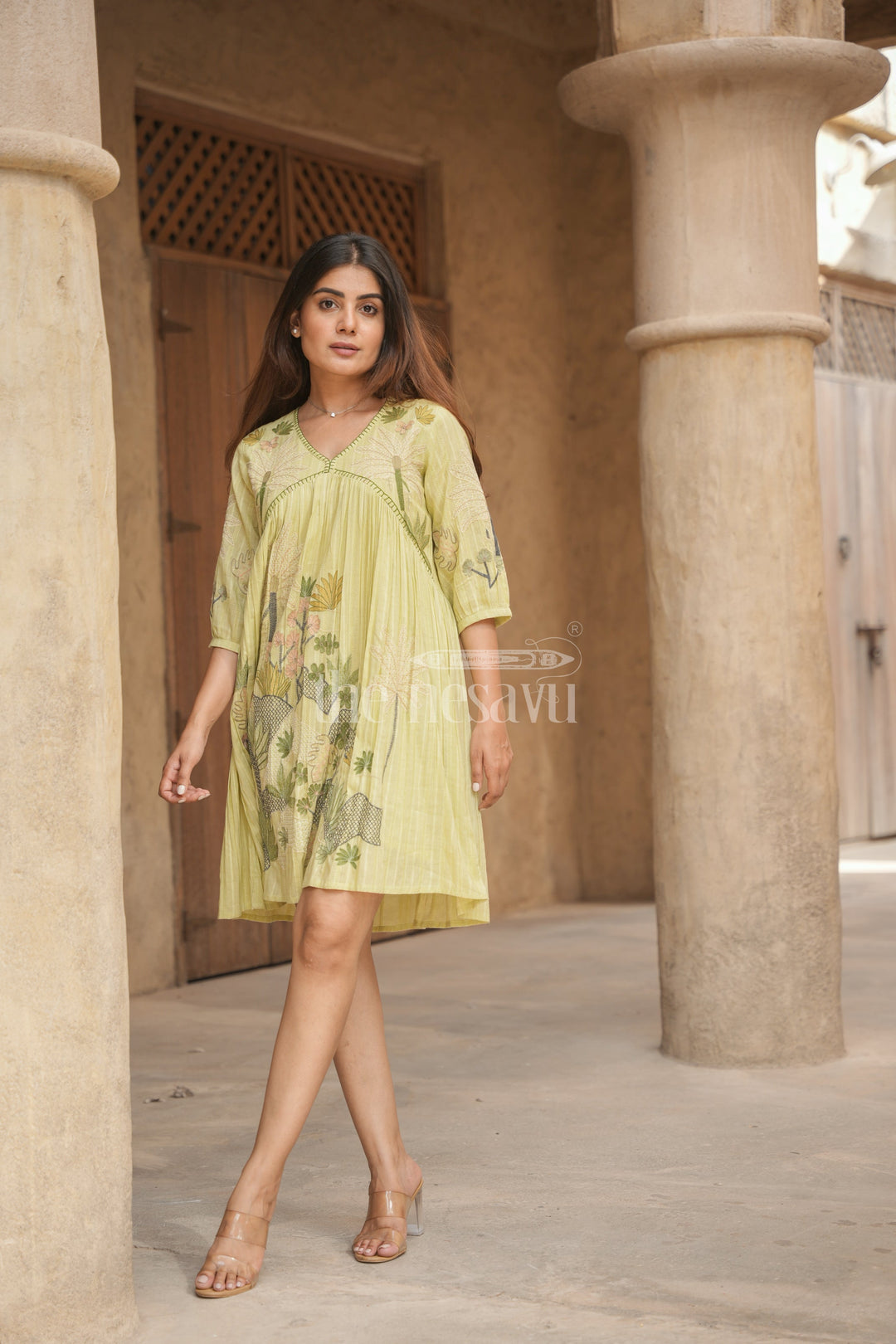 The Nesavu Womens Flared Kurthas Graceful Women’S Chiffon Flared Kurtha with Subtle Floral Embroidery Nesavu Womens Green Chiffon Flared Kurtha Floral Embroidery Festive Occasions | The Nesavu