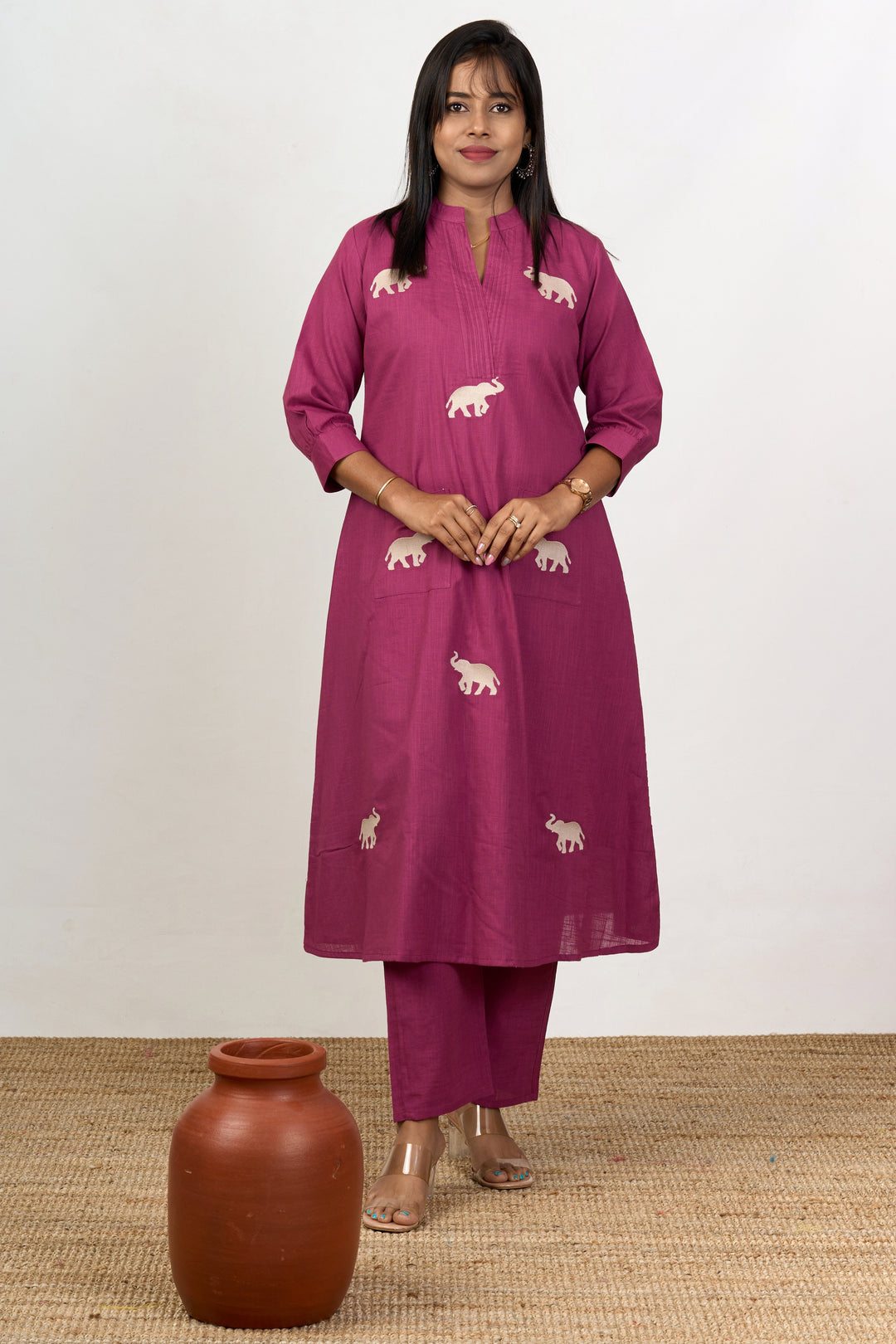The Nesavu Womens Flared Kurthas Graceful Womens Purple Cotton Flared Kurta with Embroidered Elephant Motifs Nesavu 38 (M) / Purple WTW045C-38 Purple Cotton Ethnic Flared Kurta Women Embroidery | The Nesavu
