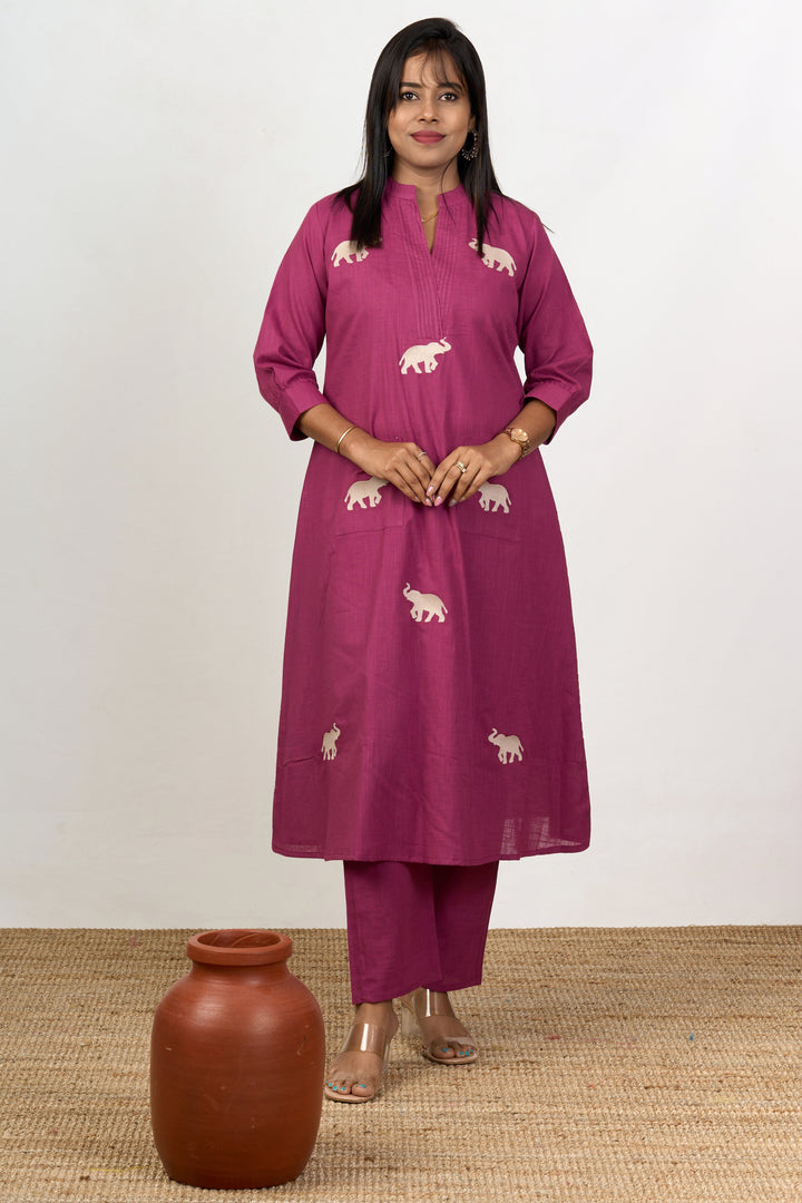 The Nesavu Womens Flared Kurthas Graceful Womens Purple Cotton Flared Kurta with Embroidered Elephant Motifs Nesavu 38 (M) / Purple WTW045C-38 Purple Cotton Ethnic Flared Kurta Women Embroidery | The Nesavu