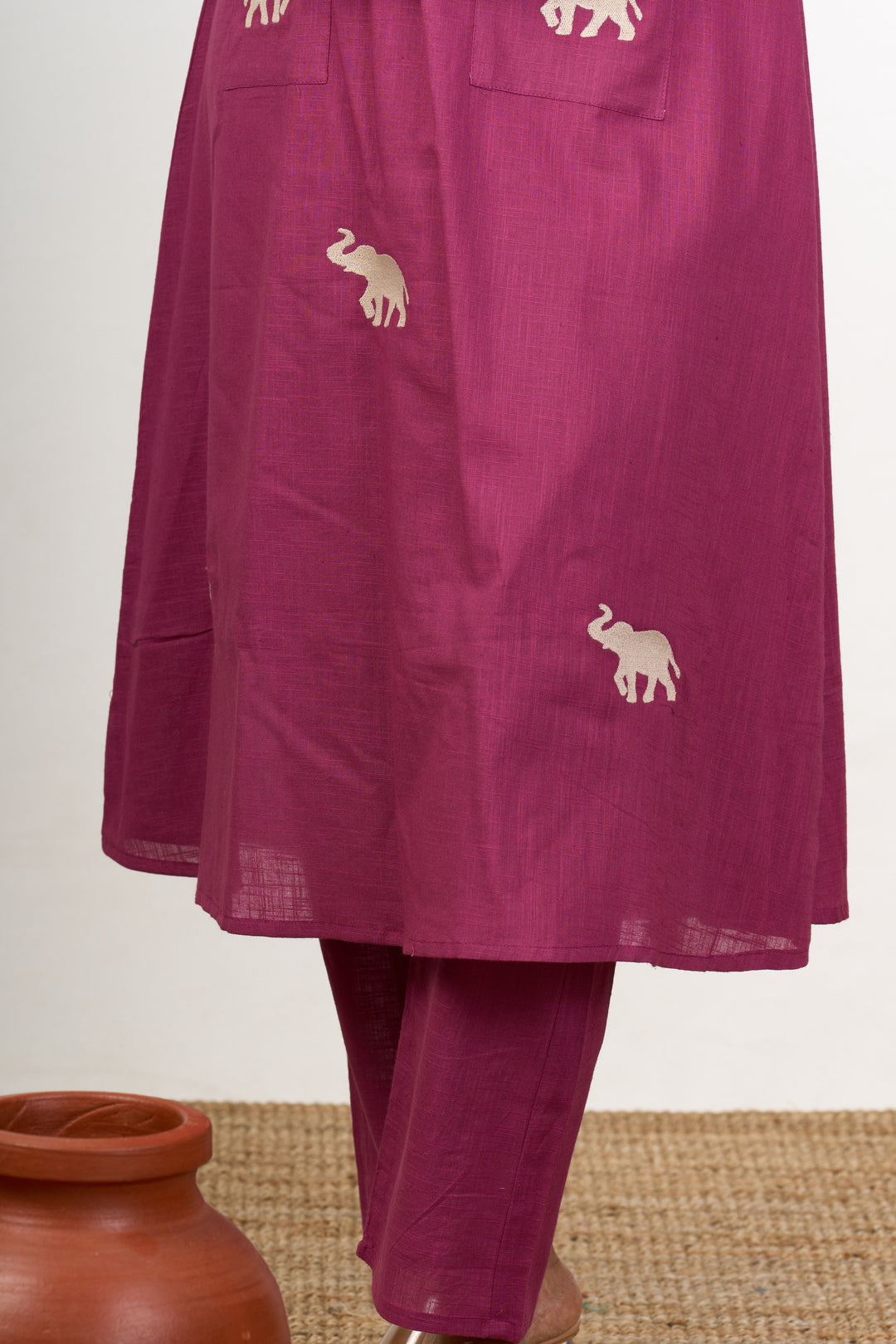 The Nesavu Womens Flared Kurthas Graceful Womens Purple Cotton Flared Kurta with Embroidered Elephant Motifs Nesavu Purple Cotton Ethnic Flared Kurta Women Embroidery | The Nesavu