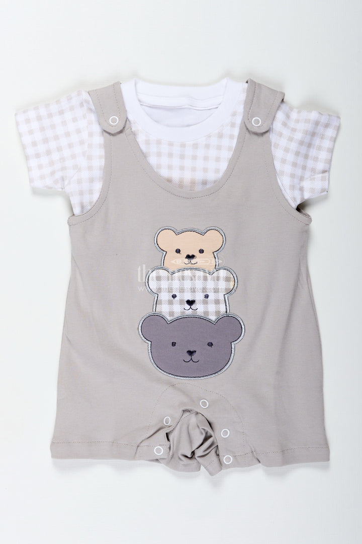 The Nesavu Boys Casual Set Gray Casual Outfit for Boys in Cotton with Teddy Patch Detail and Checkered Tee Two Piece Set Nesavu 14 (6M) / Gray BCS299B-14 Nesavu Gray Casual Outfit Baby Boys Teddy Patch Checkered Tee Soft Cotton