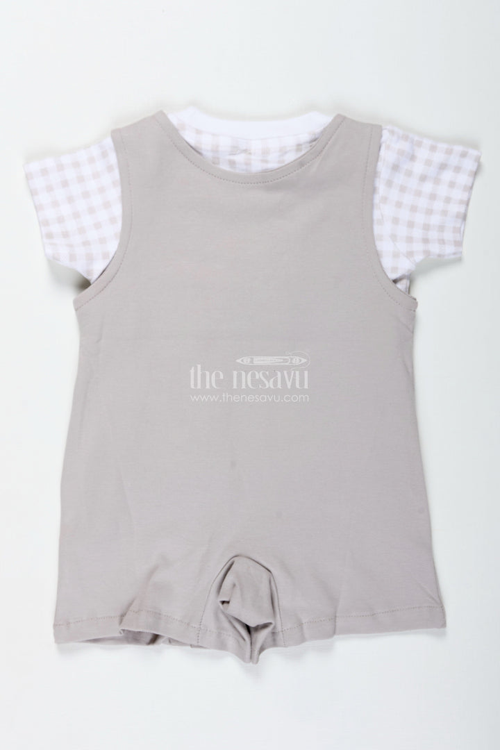 The Nesavu Boys Casual Set Gray Casual Outfit for Boys in Cotton with Teddy Patch Detail and Checkered Tee Two Piece Set Nesavu Nesavu Gray Casual Outfit Baby Boys Teddy Patch Checkered Tee Soft Cotton
