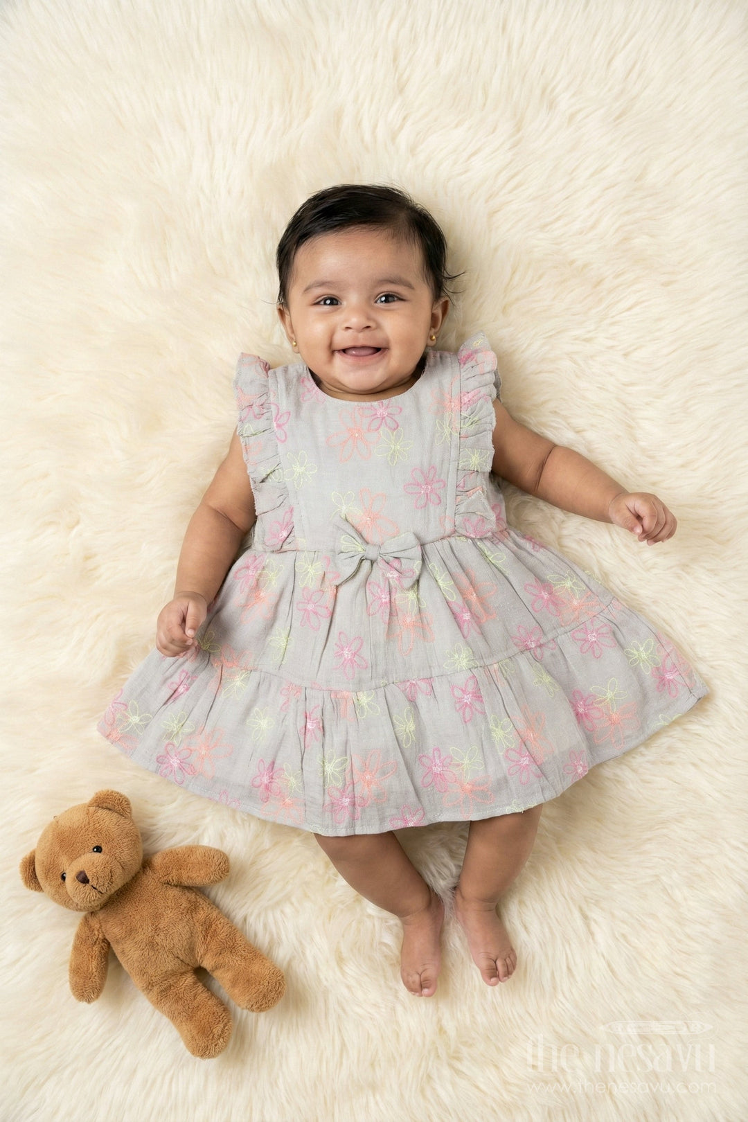 The Nesavu Baby Cotton Frocks Gray Cotton Frock with Multicolor Floral Thread Embroidery for Baby Girls Nesavu 14 (6M) / Gray BFJ901A-14 Nesavu gray cotton frock with floral thread embroidery for baby girls