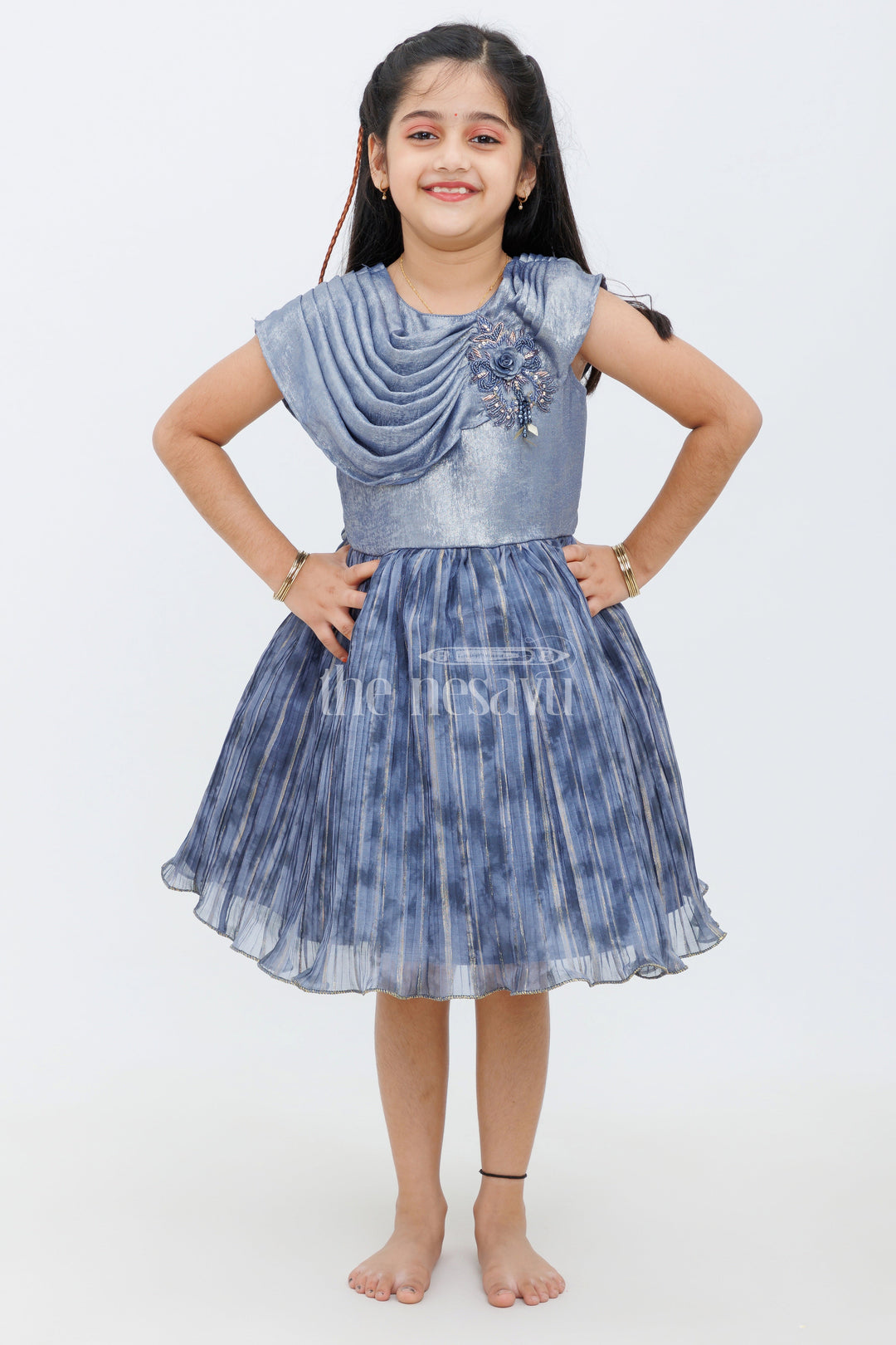 The Nesavu Girls Fancy Party Frock Gray Glazed Organza Short Party Frock with Scallop Pleats and Designer Applique for Girls Nesavu Gray Glazed Organza Short Party Frock with Scallop Pleats for Girls Nesavu