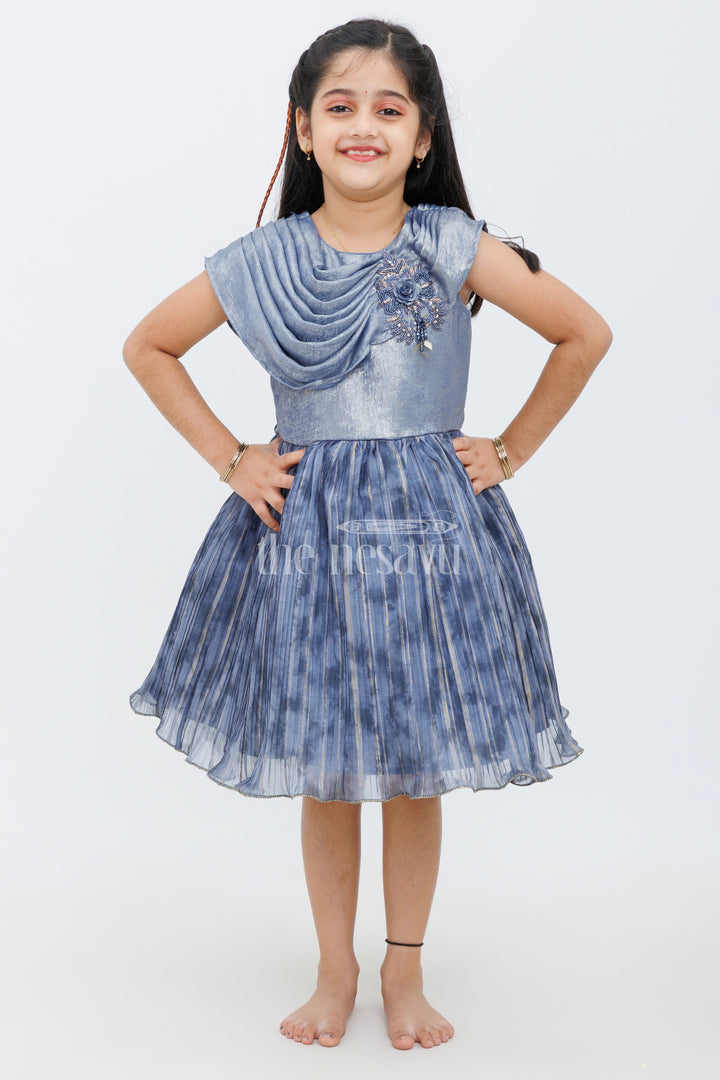 The Nesavu Girls Fancy Party Frock Gray Glazed Organza Short Party Frock with Scallop Pleats and Designer Applique for Girls Nesavu Gray Glazed Organza Short Party Frock with Scallop Pleats for Girls Nesavu