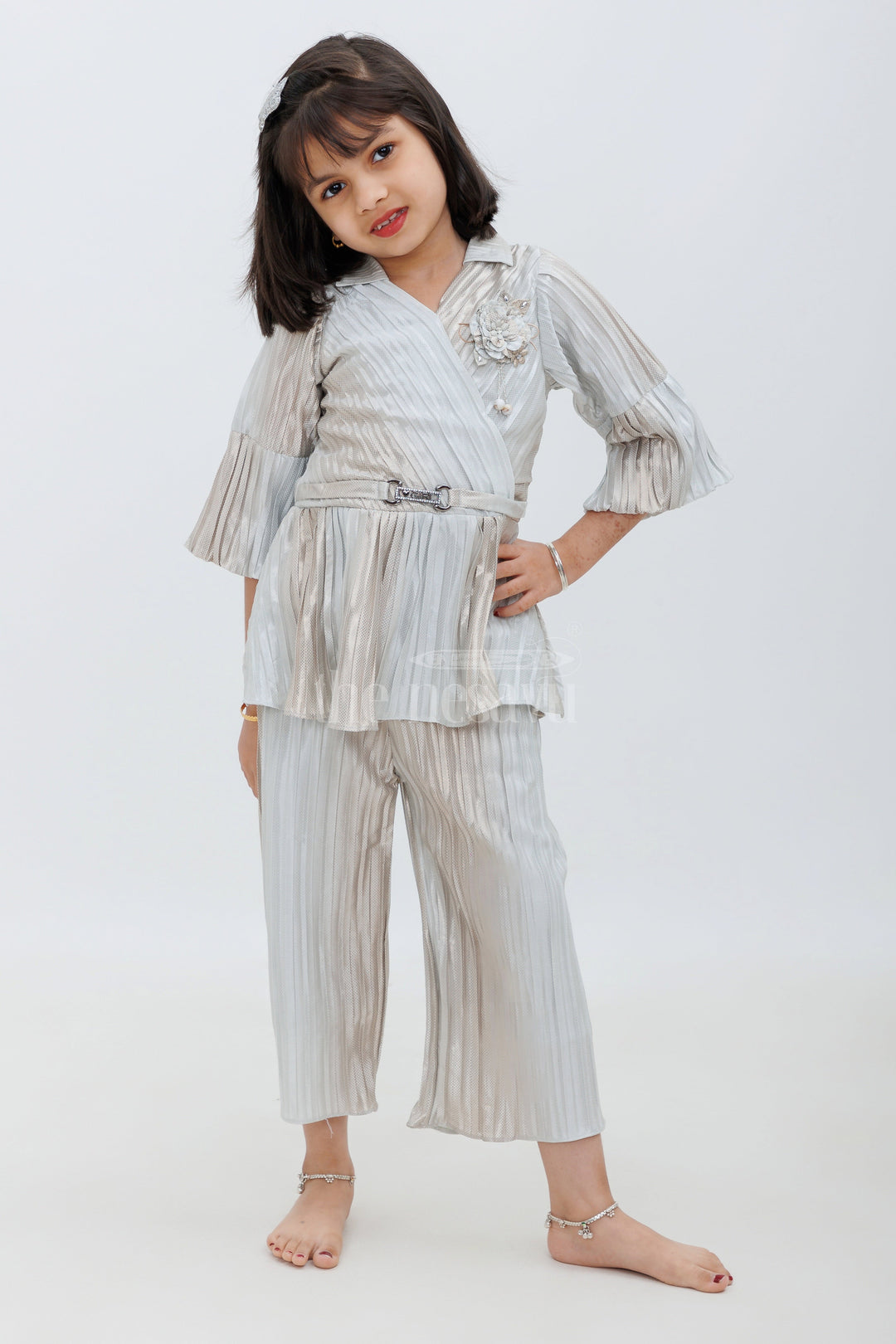 The Nesavu Girls Sharara / Plazo Set Gray Shimmer Pleated IndoWestern Sharara Set for Girls Nesavu Gray Shimmer Pleated Indo-Western Sharara Set for Girls - Nesavu