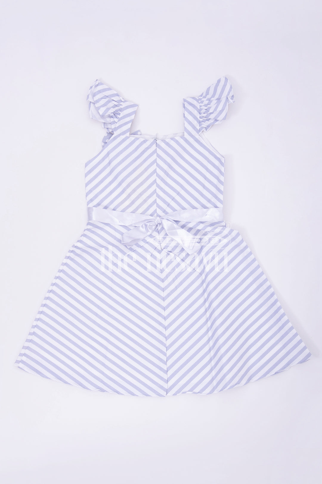 The Nesavu Baby Cotton Frocks Gray Striped Cotton Frock with Cap Sleeves and Bow Nesavu Gray Striped Cotton Frock with Cap Sleeves and Bow - Nesavu