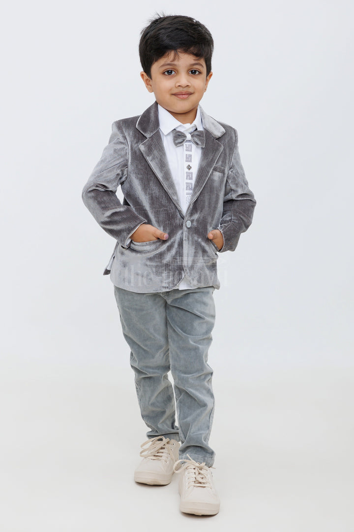 The Nesavu Boys Jacket Sets Gray Velvet Boys Blazer Set with Matching Pants and Shirt Nesavu 14 (6M) / Gray BES575A-14 Gray white Velvet Boys Blazer Set Matching Pants White Shirt Special Events