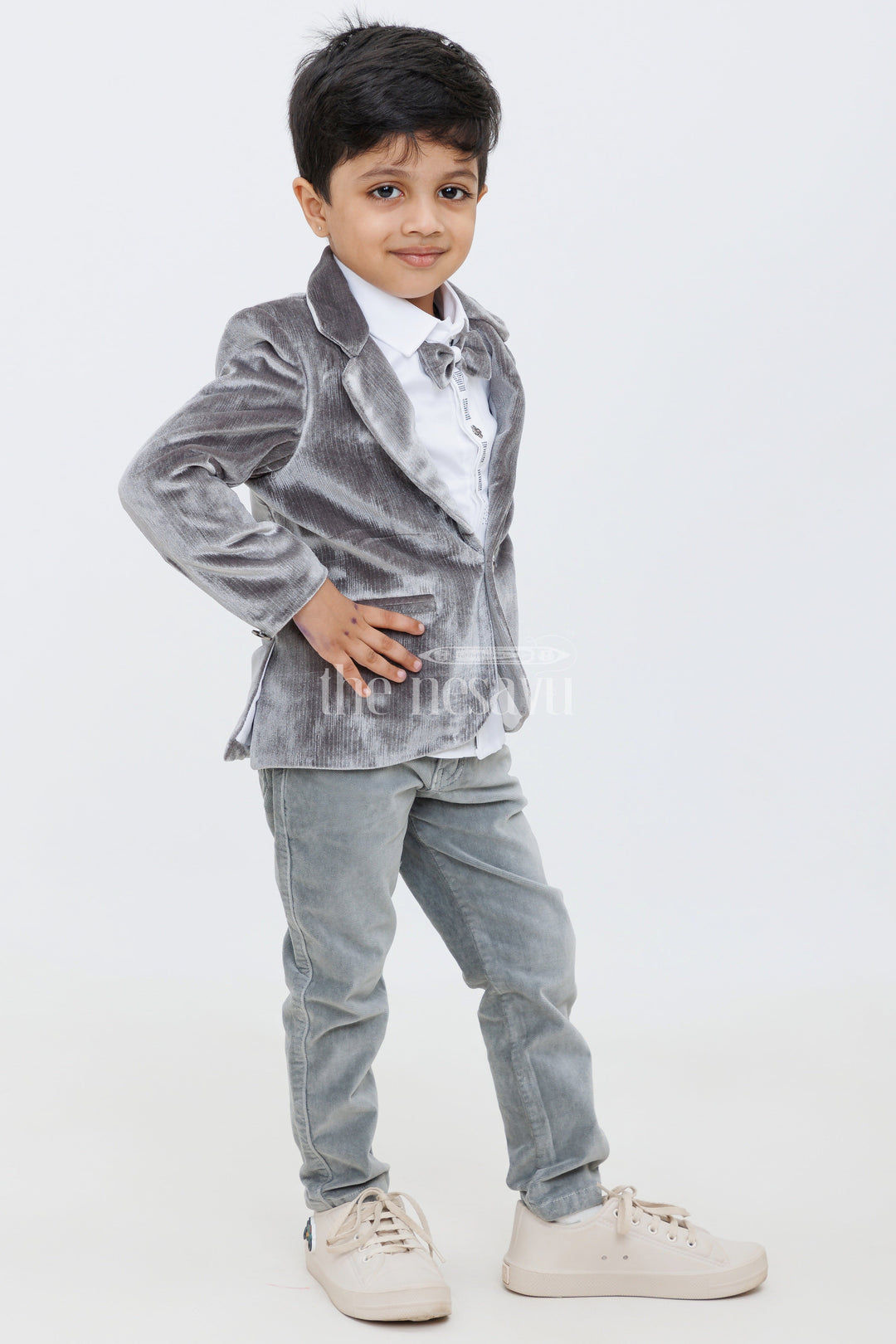 The Nesavu Boys Jacket Sets Gray Velvet Boys Blazer Set with Matching Pants and Shirt Nesavu Gray white Velvet Boys Blazer Set Matching Pants White Shirt Special Events