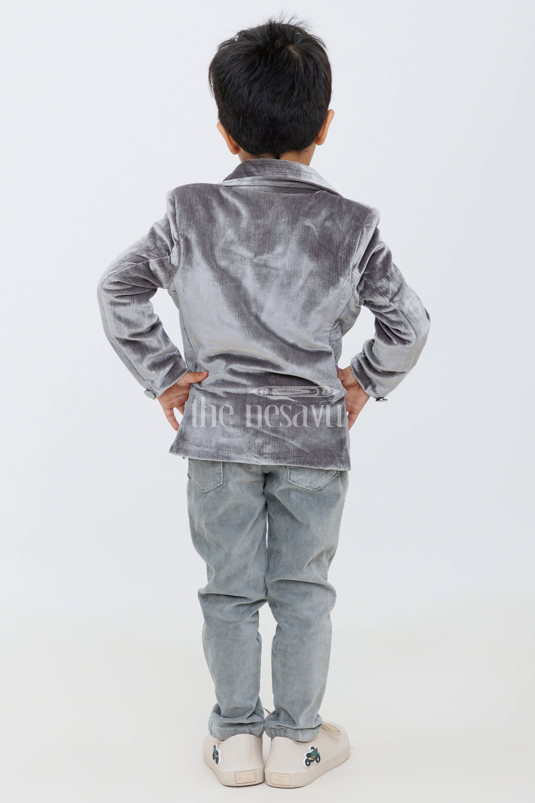 The Nesavu Boys Jacket Sets Gray Velvet Boys Blazer Set with Matching Pants and Shirt Nesavu Gray white Velvet Boys Blazer Set Matching Pants White Shirt Special Events