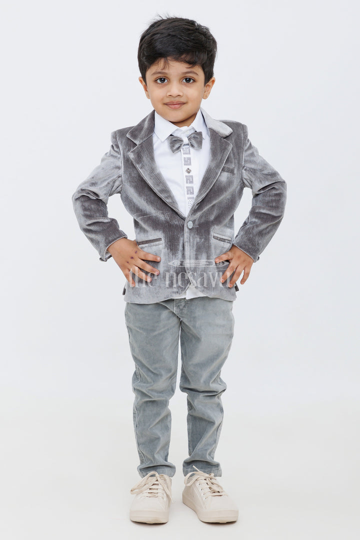 The Nesavu Boys Jacket Sets Gray Velvet Boys Blazer Set with Matching Pants and Shirt Nesavu Gray white Velvet Boys Blazer Set Matching Pants White Shirt Special Events