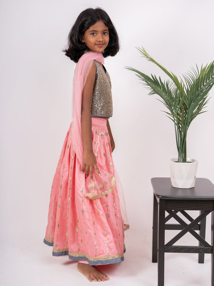 The Nesavu Girls Lehenga Choli Gray With Peach Designer Party Wear Lehenga Nesavu 14 (6M) / Pink GL204-14 Pattu Lehenga For Baby Girl |Silk Ethnic Skirt And CropTop |The Nesavu