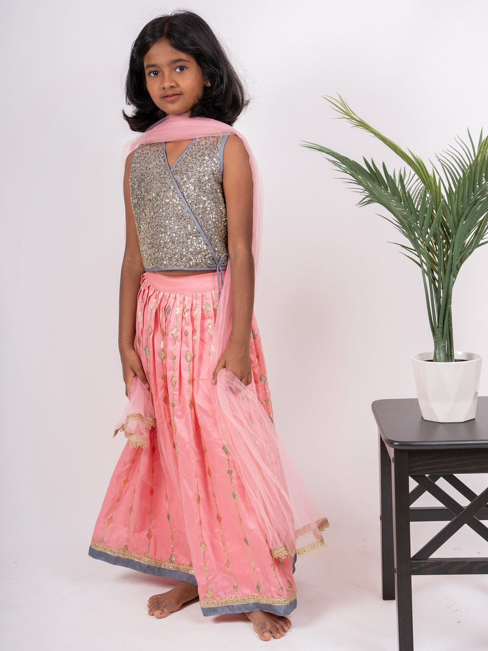 The Nesavu Girls Lehenga Choli Gray With Peach Designer Party Wear Lehenga Nesavu Pattu Lehenga For Baby Girl |Silk Ethnic Skirt And CropTop |The Nesavu