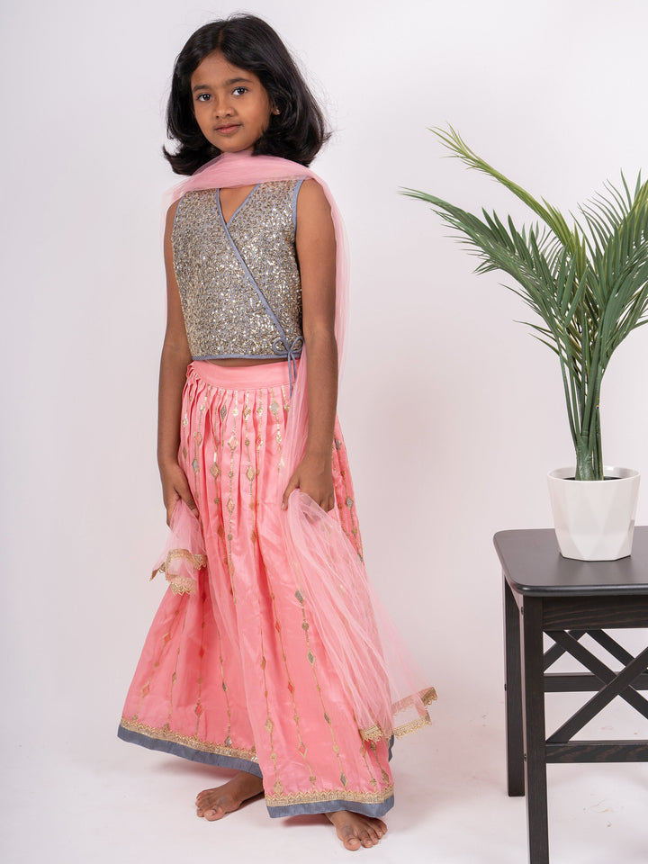 Gray With Peach Designer Party Wear Lehenga