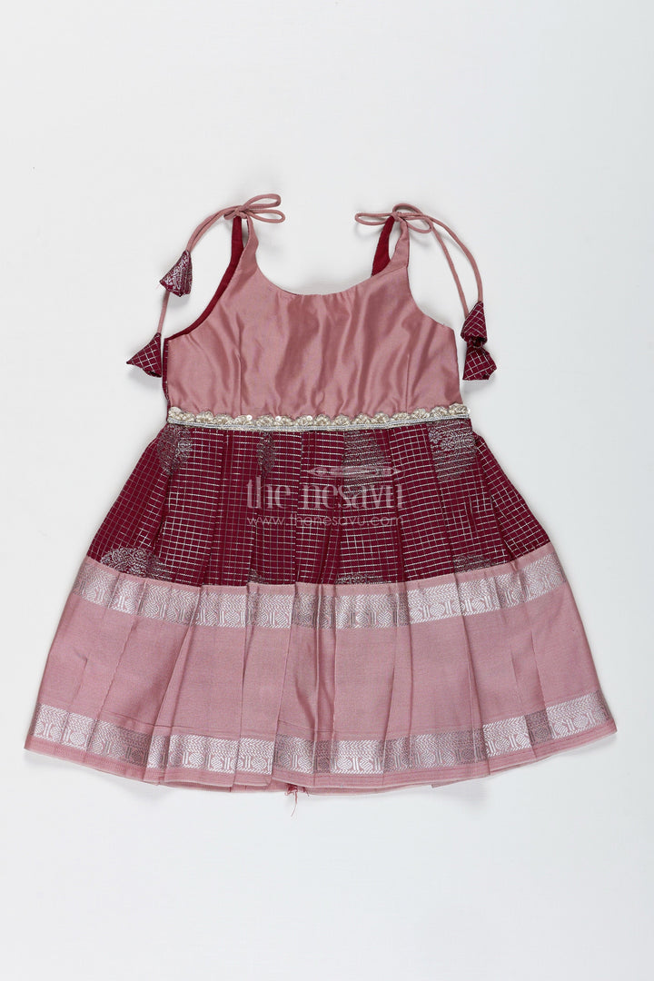 The Nesavu Tie-up Frock Green and Blush Pink Semi Silk Frock for Baby Girls Traditional Festive Outfit Nesavu 14 (6M) / Green / Style 2 SF998CB-14 Nesavu Baby Girl Festive Frock In Green And Blush Pink Semi Silk Dress With Temple Borders