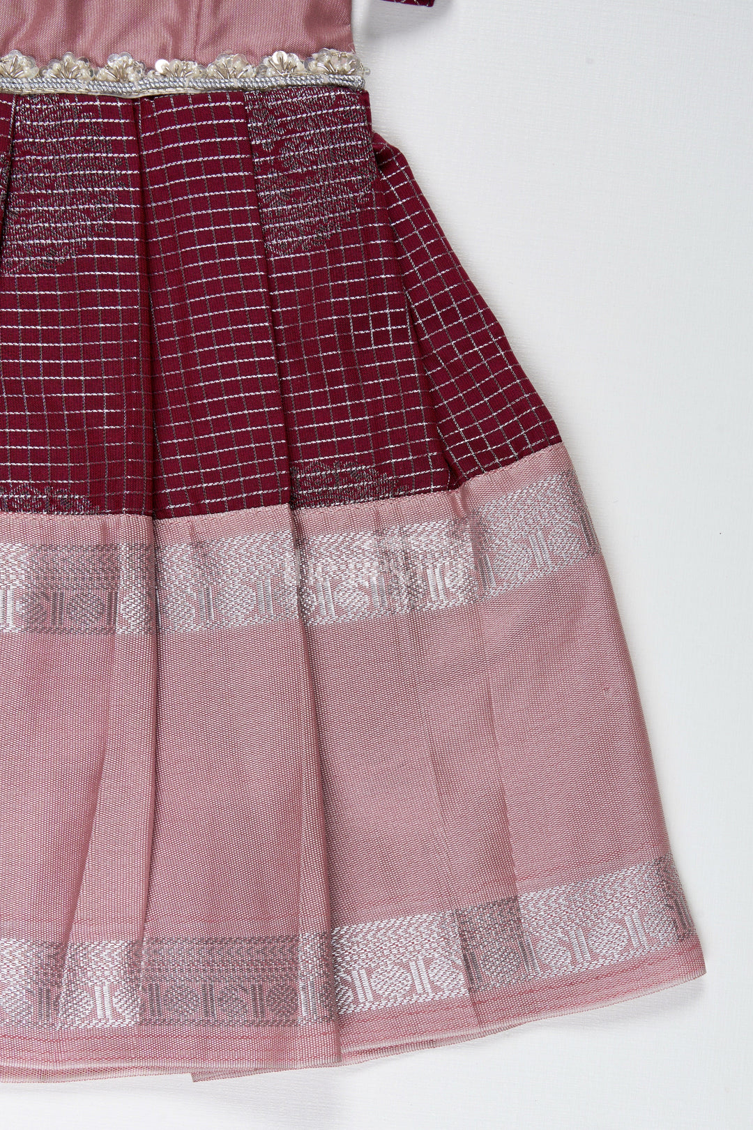 The Nesavu Tie-up Frock Green and Blush Pink Semi Silk Frock for Baby Girls Traditional Festive Outfit Nesavu Nesavu Baby Girl Festive Frock In Green And Blush Pink Semi Silk Dress With Temple Borders