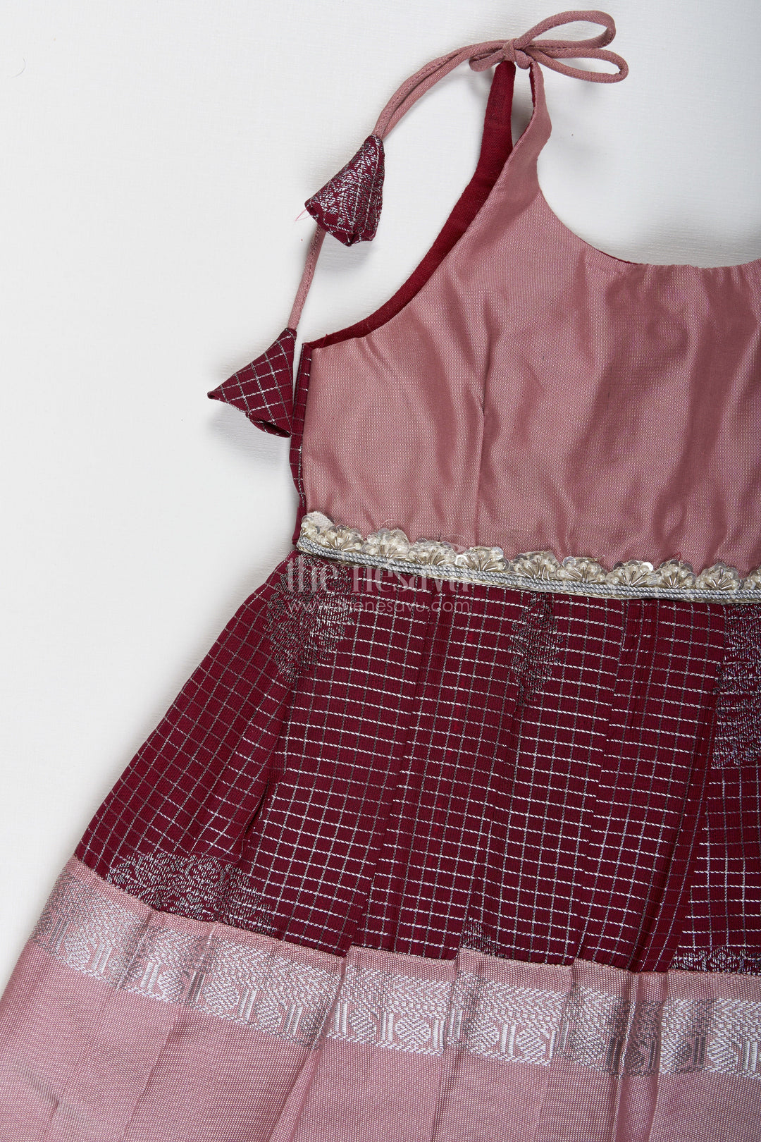 The Nesavu Tie-up Frock Green and Blush Pink Semi Silk Frock for Baby Girls Traditional Festive Outfit Nesavu Nesavu Baby Girl Festive Frock In Green And Blush Pink Semi Silk Dress With Temple Borders