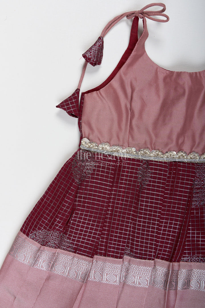 The Nesavu Tie-up Frock Green and Blush Pink Semi Silk Frock for Baby Girls Traditional Festive Outfit Nesavu Nesavu Baby Girl Festive Frock In Green And Blush Pink Semi Silk Dress With Temple Borders