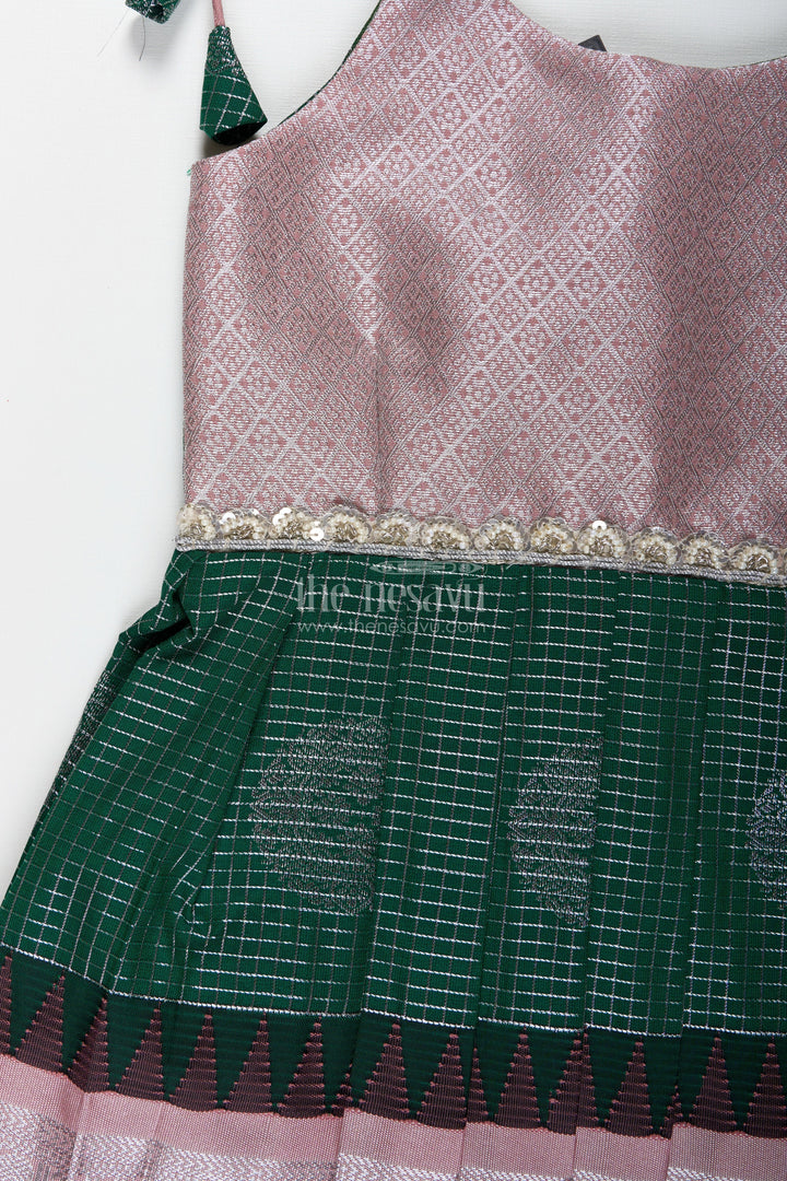 The Nesavu Tie-up Frock Green and Blush Pink Semi Silk Frock for Baby Girls Traditional Festive Outfit Nesavu Nesavu Baby Girl Festive Frock In Green And Blush Pink Semi Silk Dress With Temple Borders