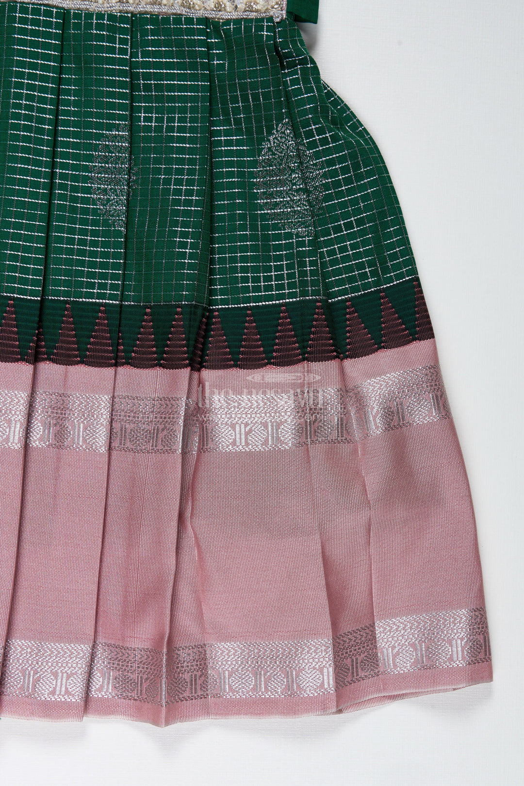 The Nesavu Tie-up Frock Green and Blush Pink Semi Silk Frock for Baby Girls Traditional Festive Outfit Nesavu Nesavu Baby Girl Festive Frock In Green And Blush Pink Semi Silk Dress With Temple Borders