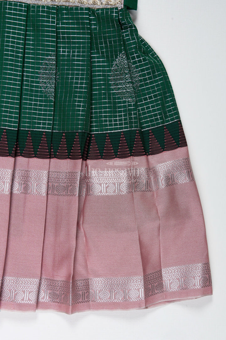 The Nesavu Tie-up Frock Green and Blush Pink Semi Silk Frock for Baby Girls Traditional Festive Outfit Nesavu Nesavu Baby Girl Festive Frock In Green And Blush Pink Semi Silk Dress With Temple Borders
