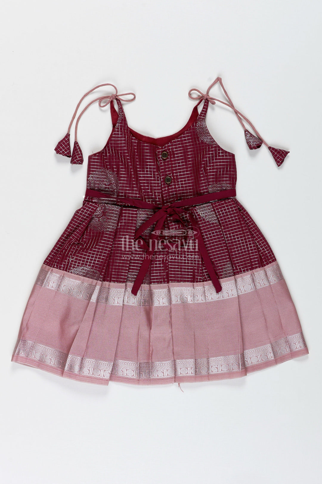 The Nesavu Tie-up Frock Green and Blush Pink Semi Silk Frock for Baby Girls Traditional Festive Outfit Nesavu Nesavu Baby Girl Festive Frock In Green And Blush Pink Semi Silk Dress With Temple Borders