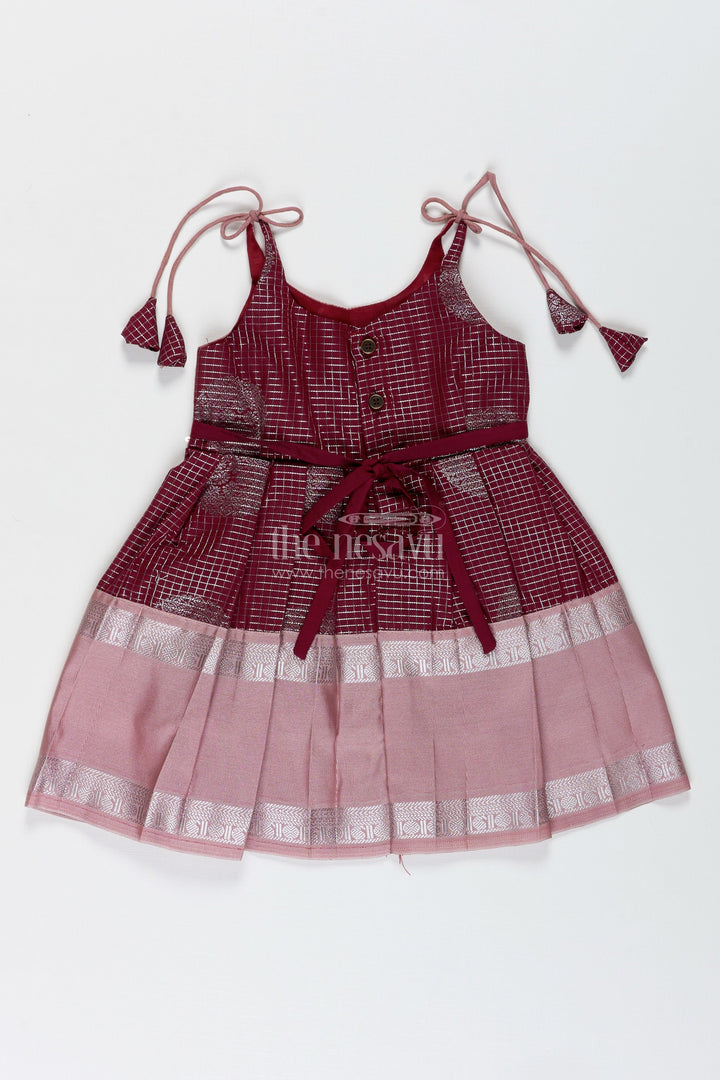 The Nesavu Tie-up Frock Green and Blush Pink Semi Silk Frock for Baby Girls Traditional Festive Outfit Nesavu Nesavu Baby Girl Festive Frock In Green And Blush Pink Semi Silk Dress With Temple Borders