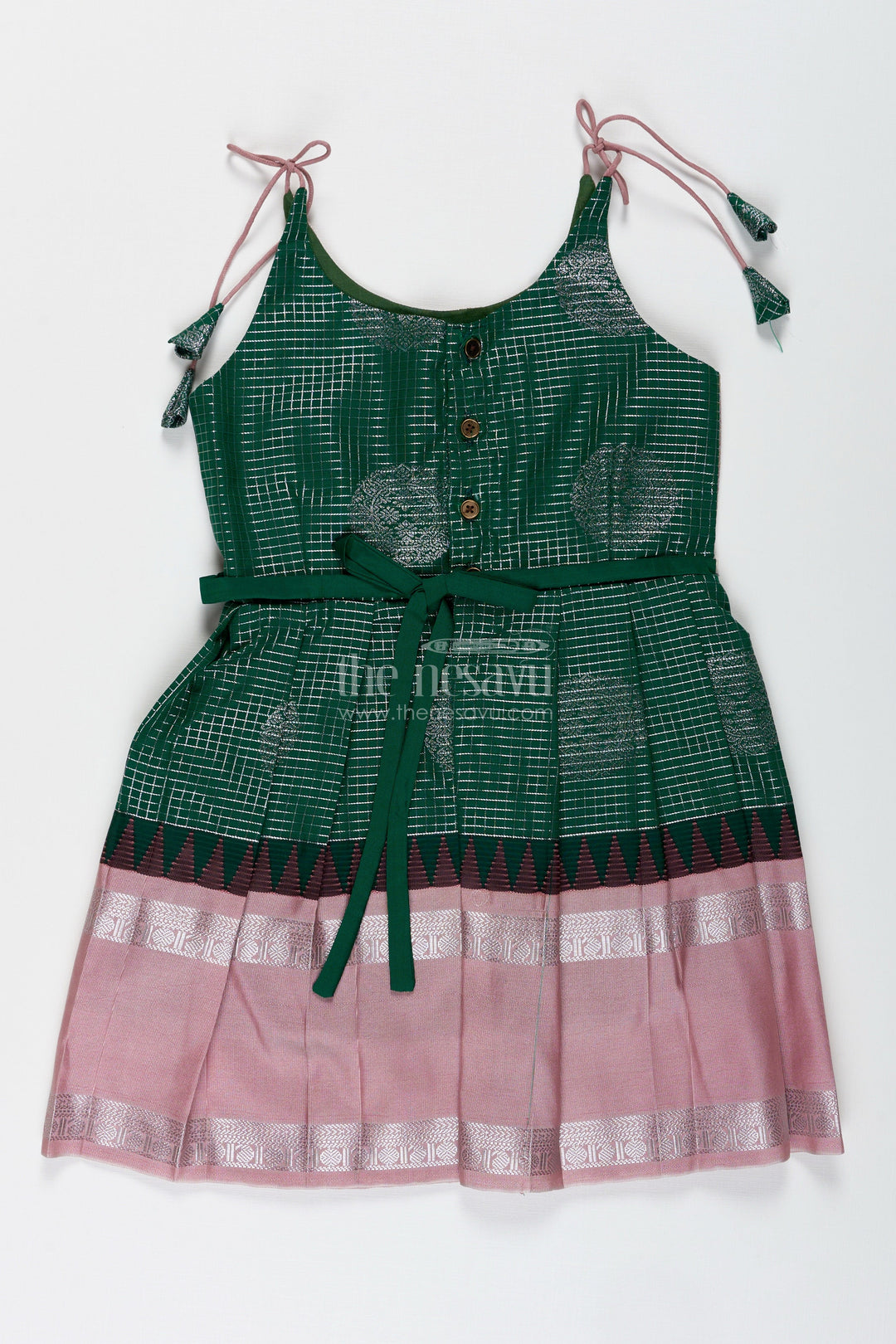 The Nesavu Tie-up Frock Green and Blush Pink Semi Silk Frock for Baby Girls Traditional Festive Outfit Nesavu Nesavu Baby Girl Festive Frock In Green And Blush Pink Semi Silk Dress With Temple Borders