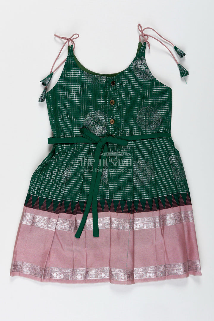The Nesavu Tie-up Frock Green and Blush Pink Semi Silk Frock for Baby Girls Traditional Festive Outfit Nesavu Nesavu Baby Girl Festive Frock In Green And Blush Pink Semi Silk Dress With Temple Borders