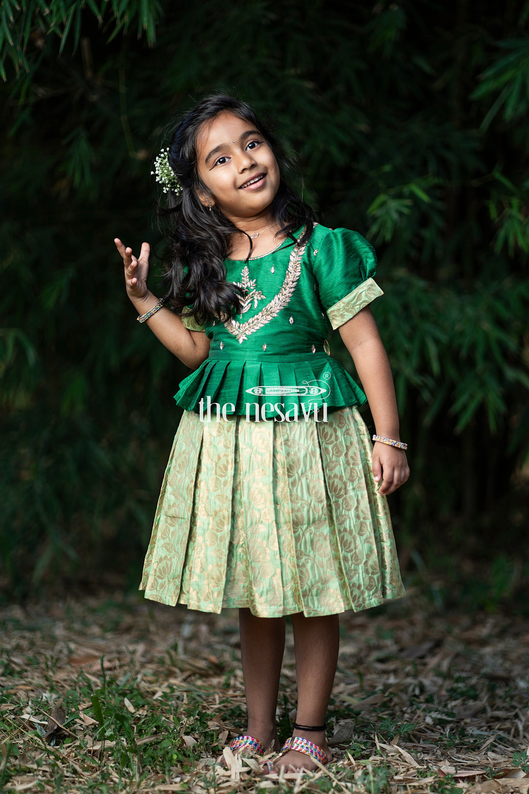 The Nesavu Silk Party Frock Green and Gold Banarasi Semi-Silk Dress for Girls - Perfect for Onam and Navratri Nesavu 16 (1Y) / Green / Silk Blend SF782D-16 Green and Gold Banarasi Semi-Silk Dress for Girls - Onam and Navratri