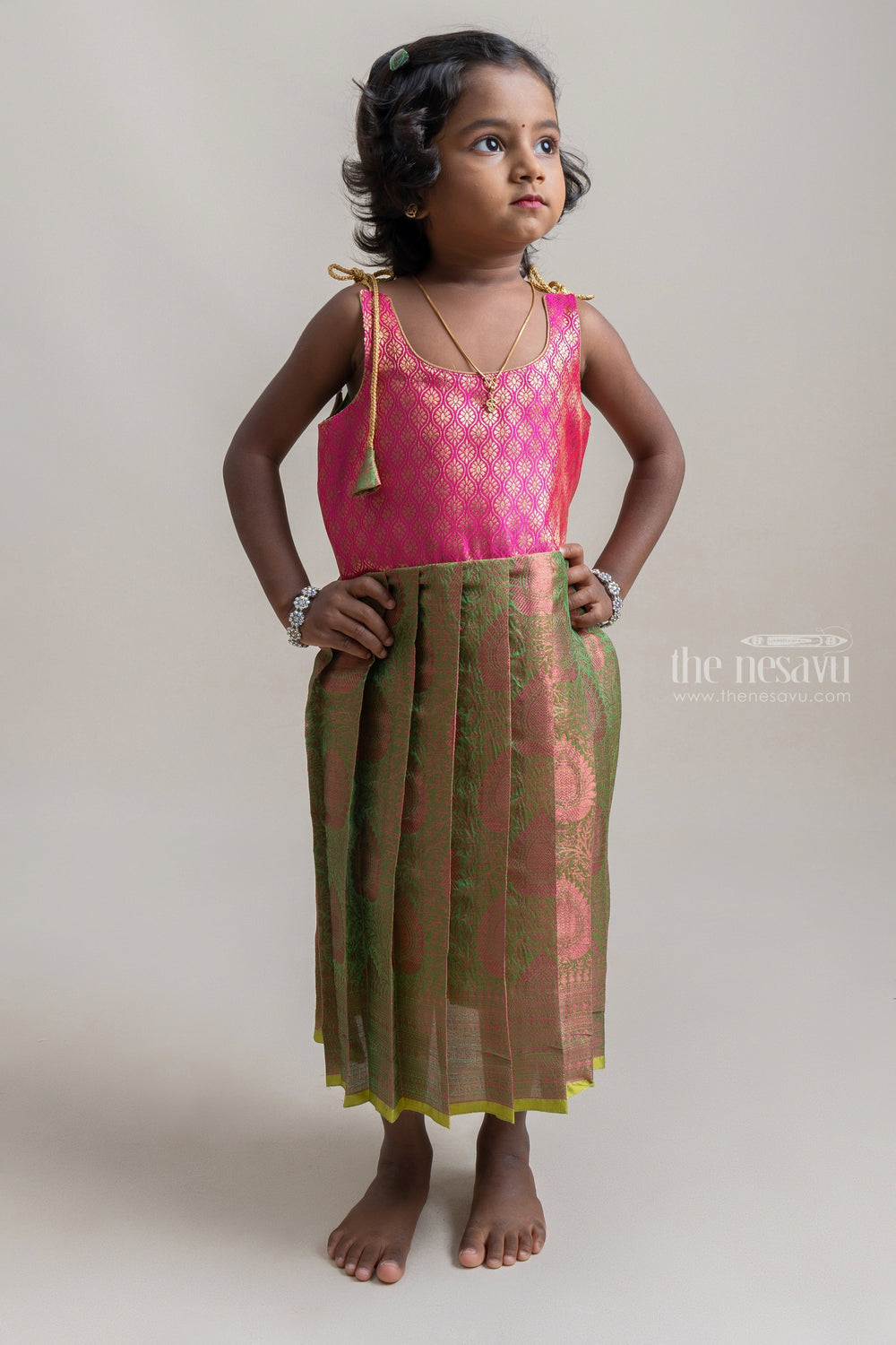 The Nesavu Tie-up Frock Green And Pink Brocade Design Tie-up Gowns For Little Girls Nesavu Banaras Brocade Pattu Saree Frocks| Cute Frocks| The Nesavu