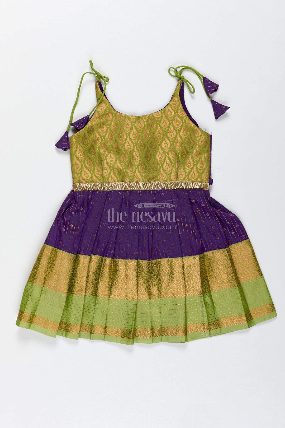 The Nesavu Tie-up Frock Green and Purple Baby Girl Frock in Semi Silk Perfect for Weddings and Cultural Events Nesavu 14 (6M) / Green / Style 1 SF999AA-14 Nesavu Green And Purple Ethnic Frock For Baby Girls Silk Dress For Weddings And Festive Wear