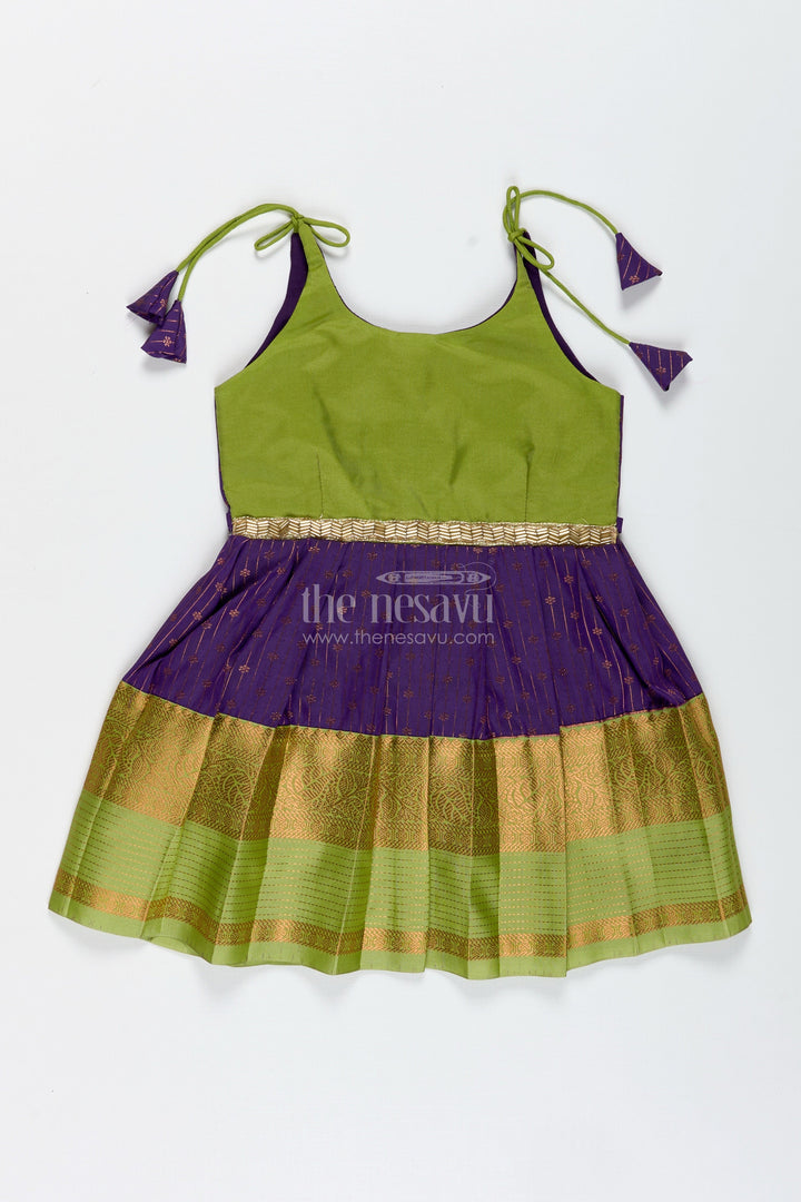 The Nesavu Tie-up Frock Green and Purple Baby Girl Frock in Semi Silk Perfect for Weddings and Cultural Events Nesavu 14 (6M) / Green / Style 2 SF999AB-14 Nesavu Green And Purple Ethnic Frock For Baby Girls Silk Dress For Weddings And Festive Wear