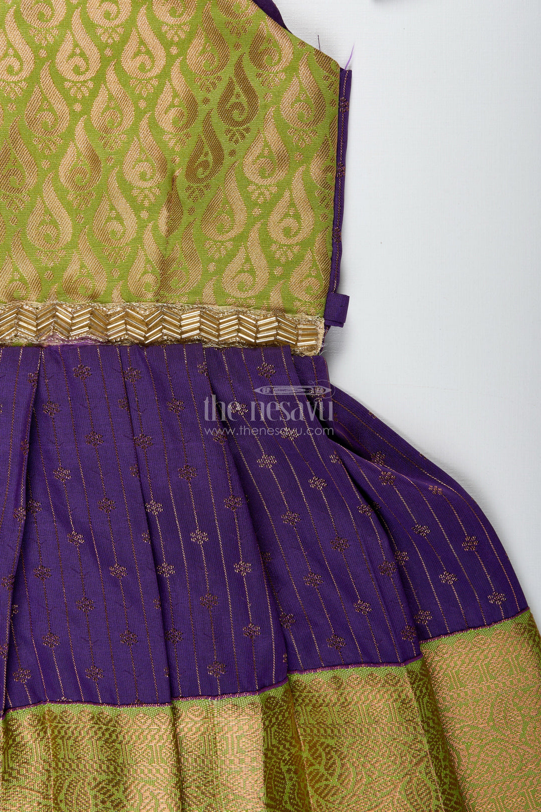 The Nesavu Tie-up Frock Green and Purple Baby Girl Frock in Semi Silk Perfect for Weddings and Cultural Events Nesavu Nesavu Green And Purple Ethnic Frock For Baby Girls Silk Dress For Weddings And Festive Wear