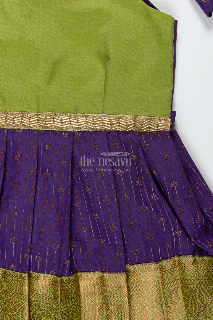The Nesavu Tie-up Frock Green and Purple Baby Girl Frock in Semi Silk Perfect for Weddings and Cultural Events Nesavu Nesavu Green And Purple Ethnic Frock For Baby Girls Silk Dress For Weddings And Festive Wear
