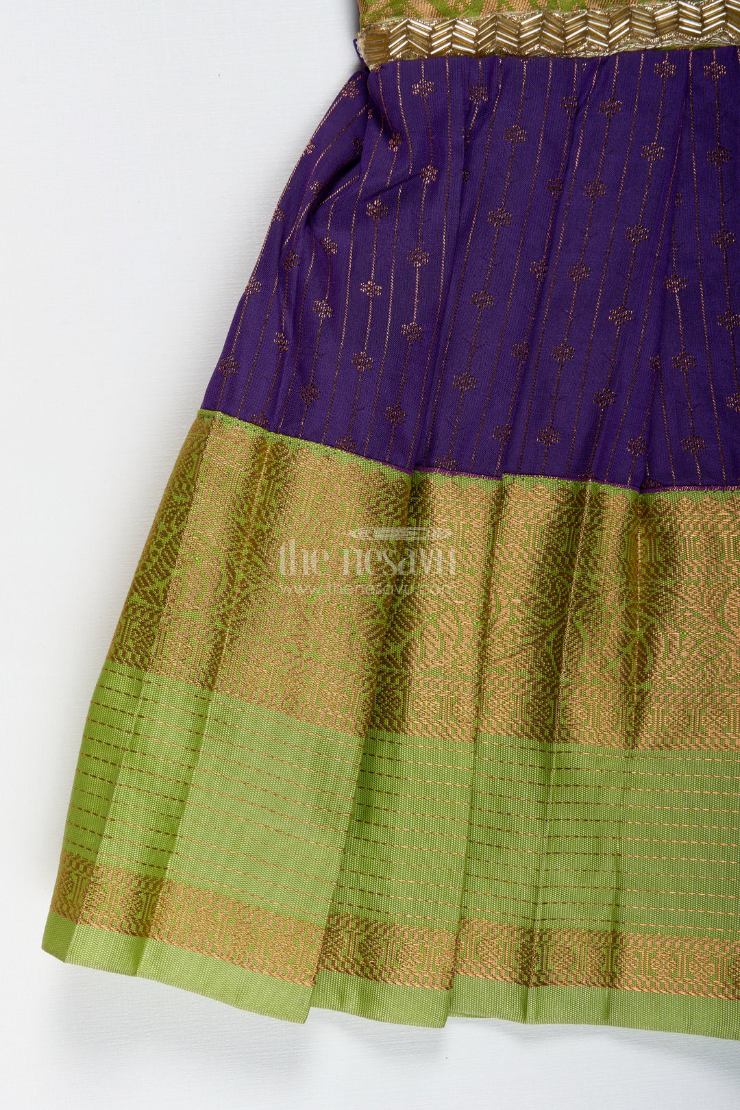 The Nesavu Tie-up Frock Green and Purple Baby Girl Frock in Semi Silk Perfect for Weddings and Cultural Events Nesavu Nesavu Green And Purple Ethnic Frock For Baby Girls Silk Dress For Weddings And Festive Wear