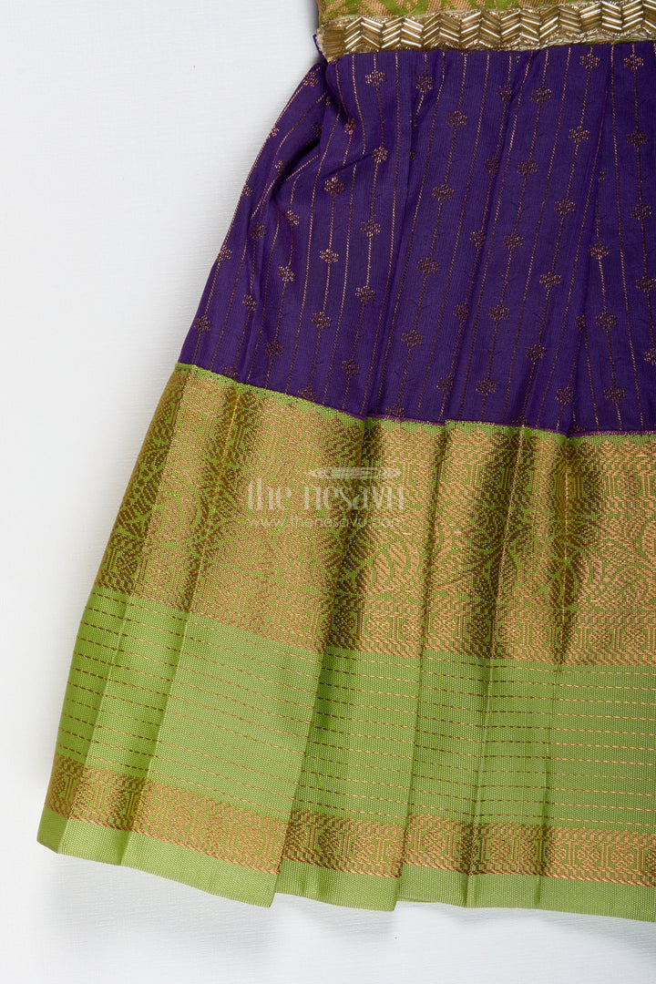 The Nesavu Tie-up Frock Green and Purple Baby Girl Frock in Semi Silk Perfect for Weddings and Cultural Events Nesavu Nesavu Green And Purple Ethnic Frock For Baby Girls Silk Dress For Weddings And Festive Wear