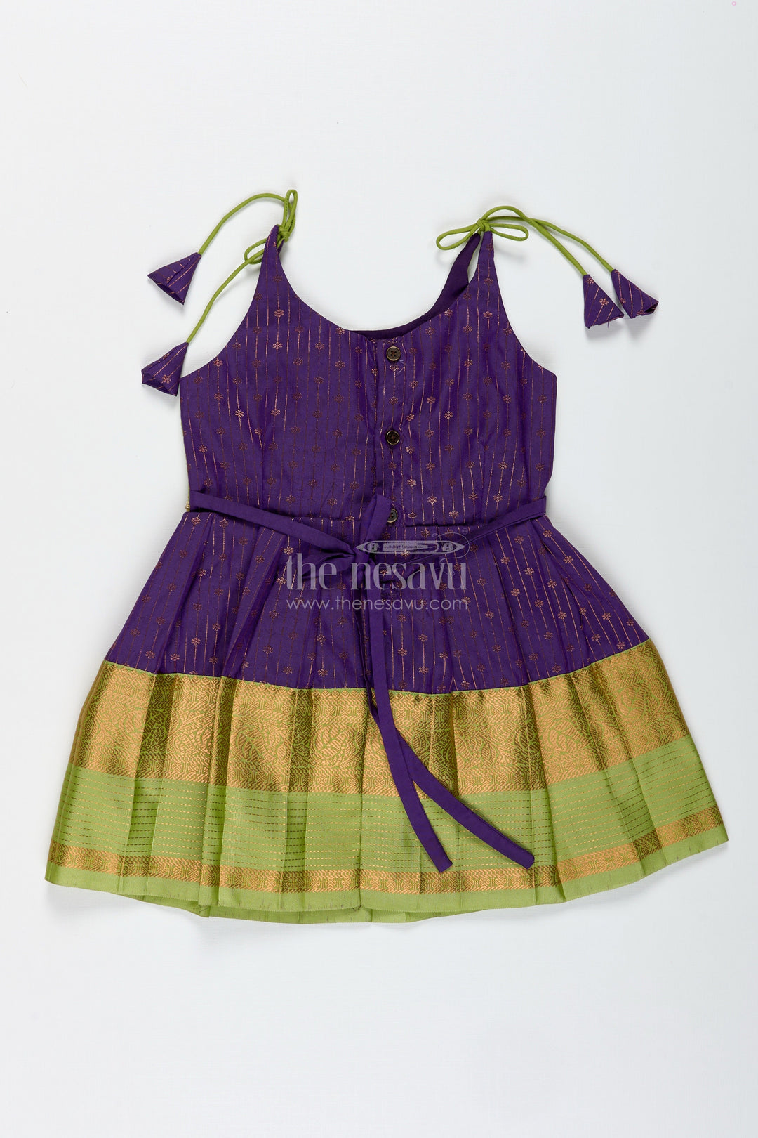 The Nesavu Tie-up Frock Green and Purple Baby Girl Frock in Semi Silk Perfect for Weddings and Cultural Events Nesavu Nesavu Green And Purple Ethnic Frock For Baby Girls Silk Dress For Weddings And Festive Wear