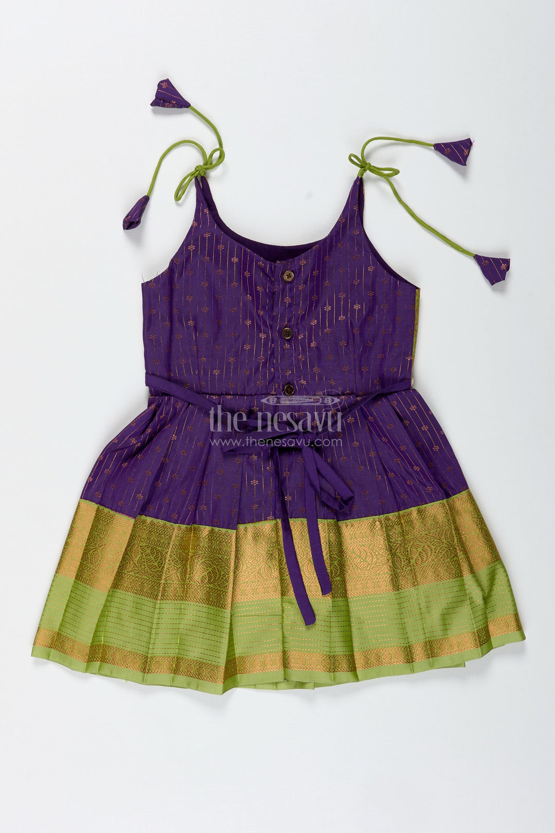 The Nesavu Tie-up Frock Green and Purple Baby Girl Frock in Semi Silk Perfect for Weddings and Cultural Events Nesavu Nesavu Green And Purple Ethnic Frock For Baby Girls Silk Dress For Weddings And Festive Wear