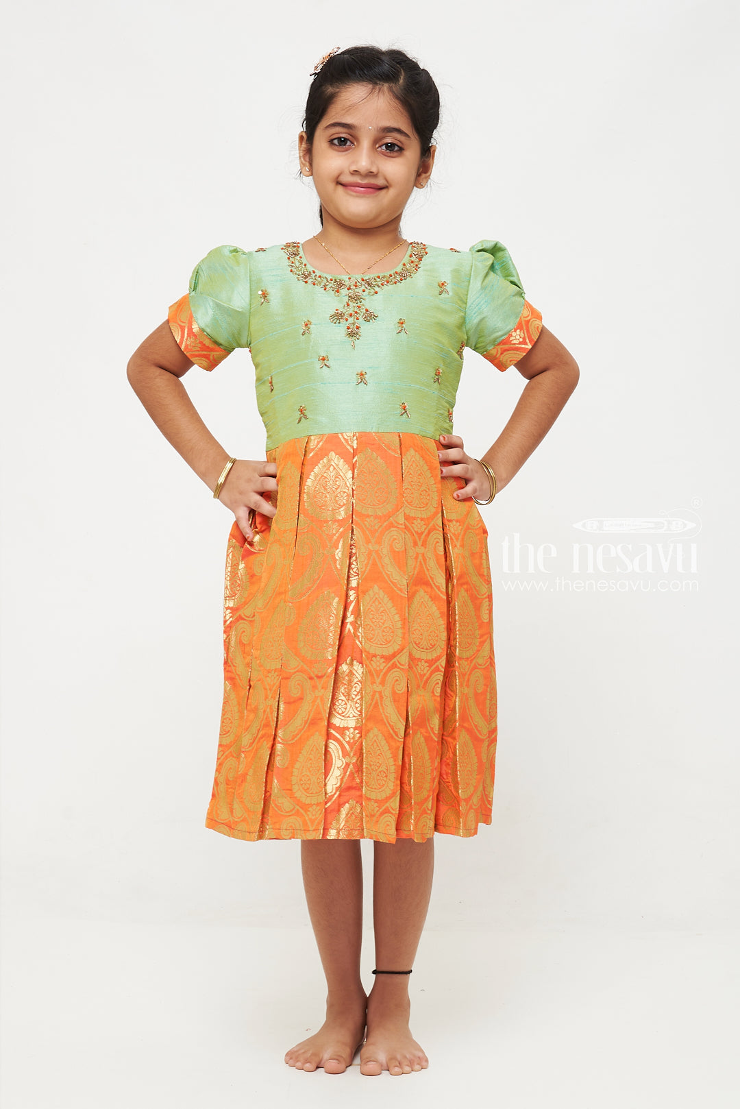 The Nesavu Silk Party Frock Green and Red Banarasi Semi-Silk Dress for Girls - Perfect for Festive Celebrations Nesavu Green and Red Banarasi Semi-Silk Dress for Girls - Festive Celebrations