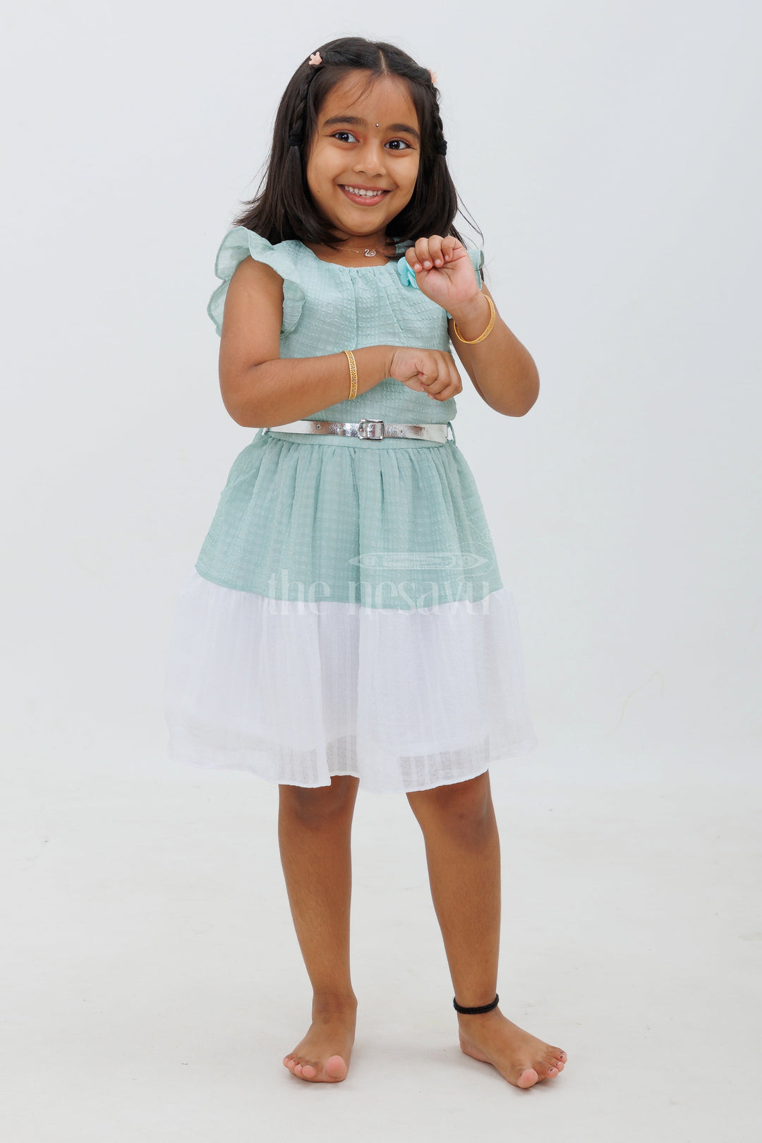 The Nesavu Girls Fancy Frock Green and White Cap Sleeve Cotton Frock with Rose Detail Nesavu 24 (5Y) / Green GFC1363B-24 Green and White Cap Sleeve Cotton Frock with Rose Detail - Nesavu