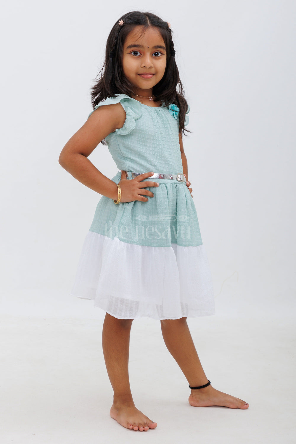 The Nesavu Girls Fancy Frock Green and White Cap Sleeve Cotton Frock with Rose Detail Nesavu Green and White Cap Sleeve Cotton Frock with Rose Detail - Nesavu