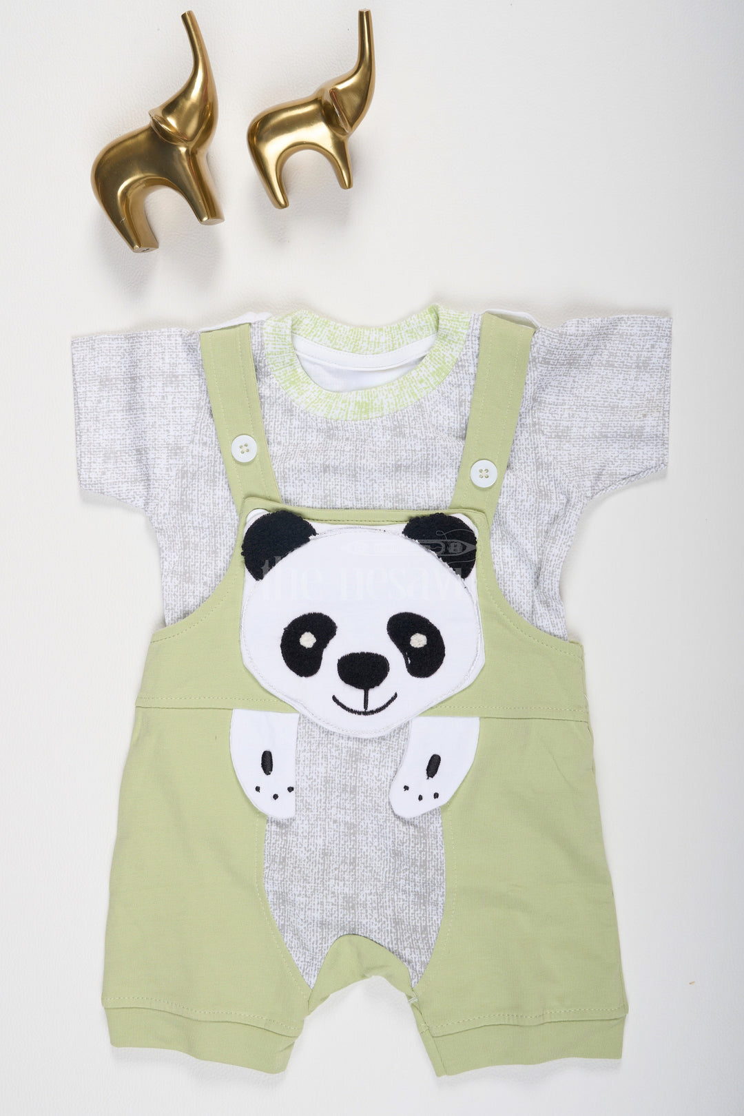 The Nesavu Baby Dungarees Green Baby Dungarees with Panda Face and Gray T-Shirt for Boys Nesavu 12 (3M) / Green BCS143A-12 Green Baby Dungarees Panda Face Gray T-Shirt Nesavu Boys Playful Outfit