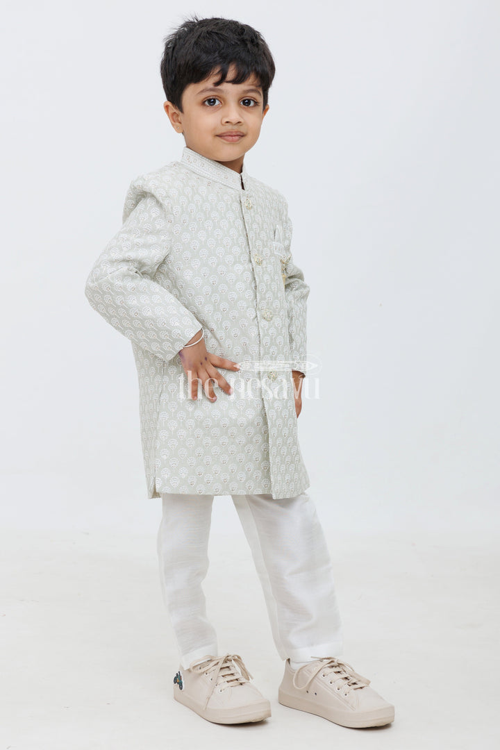 The Nesavu Boys Sherwani Green Blended Silk Boys Sherwani Set with Cream Pants Nesavu 14 (6M) / Silver BES572C-14 Green Boys Sherwani Set Jacquard Kurta Cream Pants Weddings Celebrations