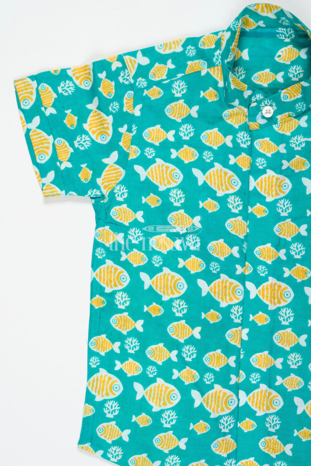 The Nesavu Boys Cotton Shirt Green Boys Cotton Shirt with Fish Print Half Sleeves Fun and Vibrant for Playdates Nesavu Green Fish Print Boys Cotton Shirt Nesavu Fun Half Sleeves Casual Wear Playdates